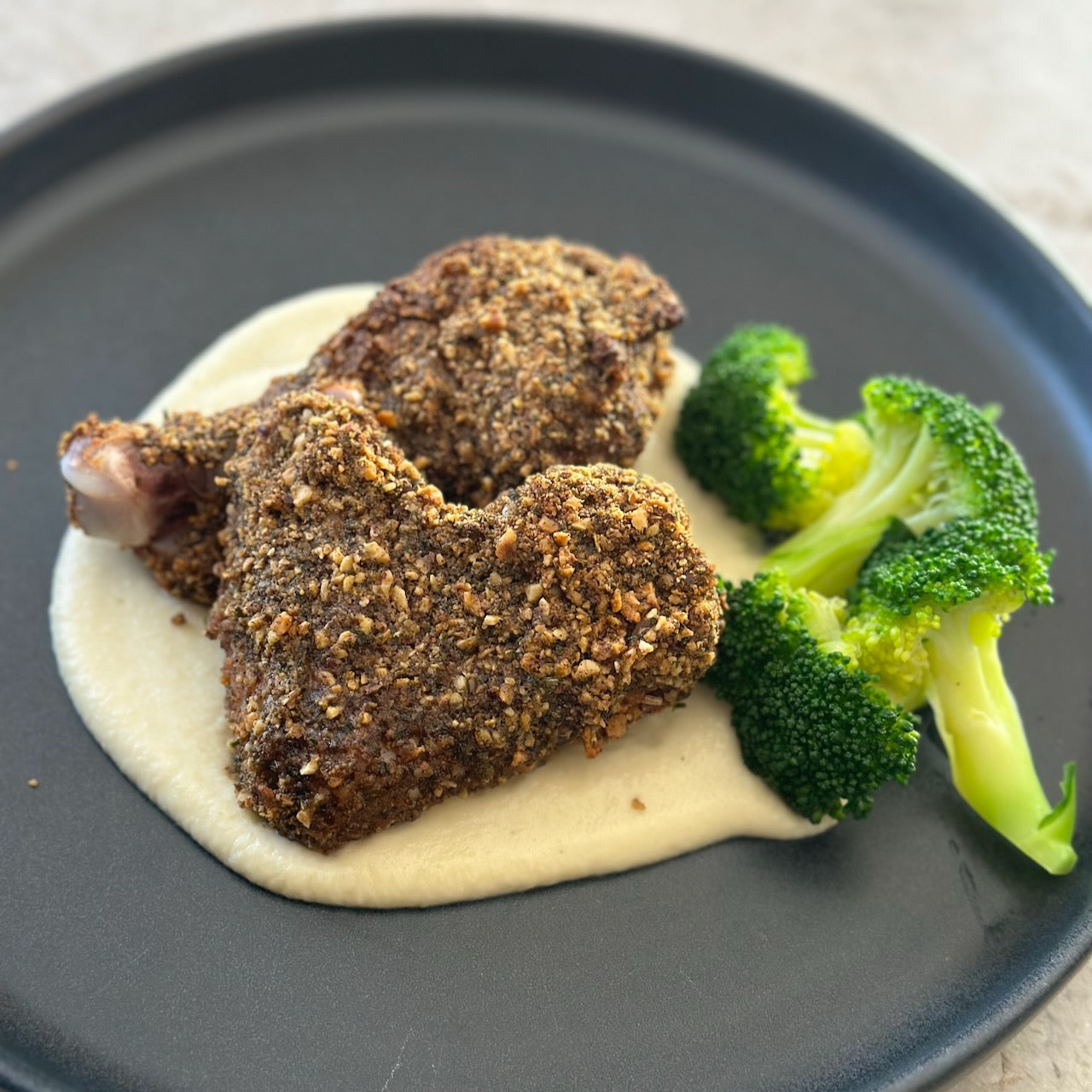 Herby Hazelnut Crumb, Baked Buttermilk Chicken & Pecan Cauliflower Pur – Pepo Farms