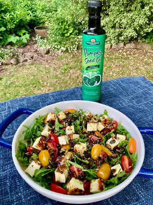 Grilled Halloumi & Cherry Tomato Salad With Crunchy Seeds