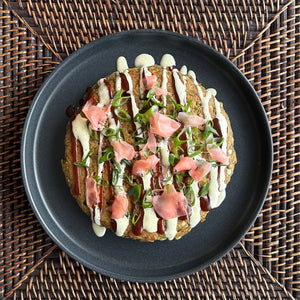 Pepo Okinomiyaki with sunflower 'Kewpie-style' mayonnaise & Tonkatsu sauce