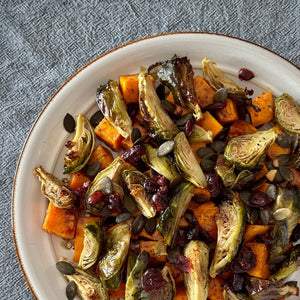 Festive maple glazed Brussel sprouts with roast pumpkin